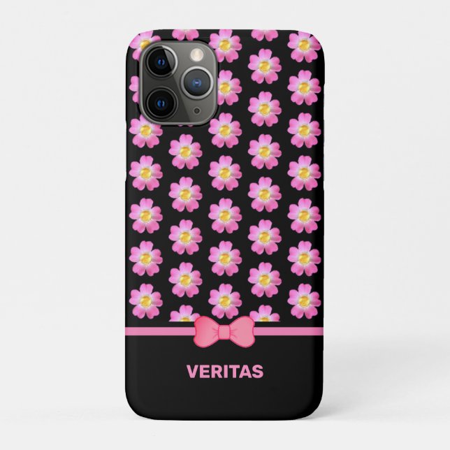 Coques Case-Mate iPhone Belles fleurs roses sur fond noir & nom du texte (Dos)