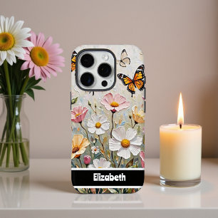 Coque iPhone 16 Pro Belles papillons Monarque Fleurs sauvages colorés