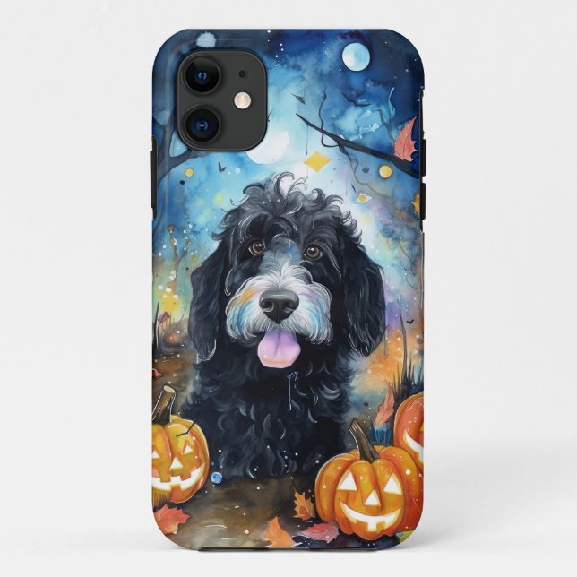 Coques Case-Mate iPhone Bernedoodle Halloween avec citrouilles effrayant (Dos)