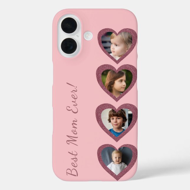 Coques Case-Mate iPhone Best Mom Pink Hearts Four Photo Collage Modèle (Verso)
