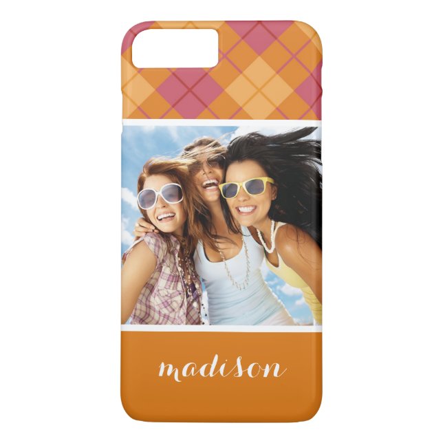 Coques Case-Mate iPhone Biais photo et nom personnalisés Plaid en orange e (Dos)