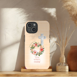 Coque Case-Mate iPhone Bible Croix Couronne de Rose à carreaux orange Fém