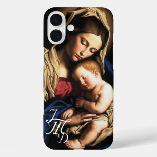 Coque Pour iPhone 16 Plus Bienheureuse Mère et Christ Enfant Monogrammé