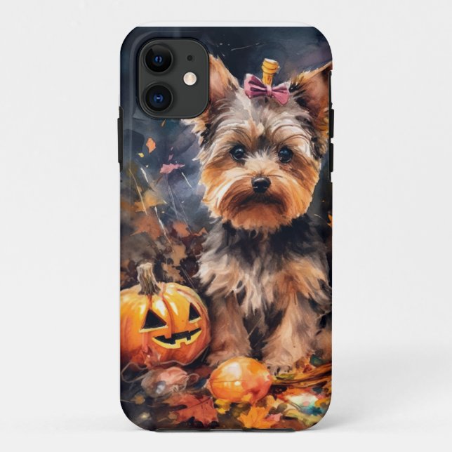 Coques Case-Mate iPhone Biewer Terrier Halloween avec citrouilles effrayan (Dos)
