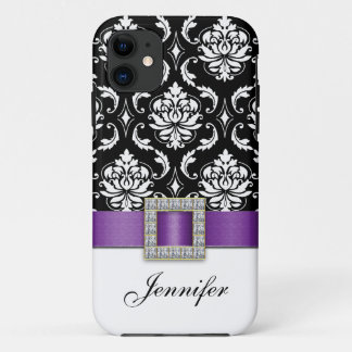 Etui iPhone Case-Mate Bijou de ruban imprimé par damassé noire pourpre