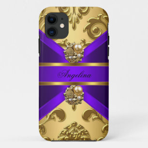Coque iPhone 11 Bijou élégant et classe damas violet or