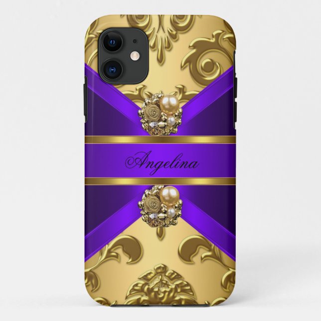 Coques Case-Mate iPhone Bijou élégant et classe damas violet or (Dos)