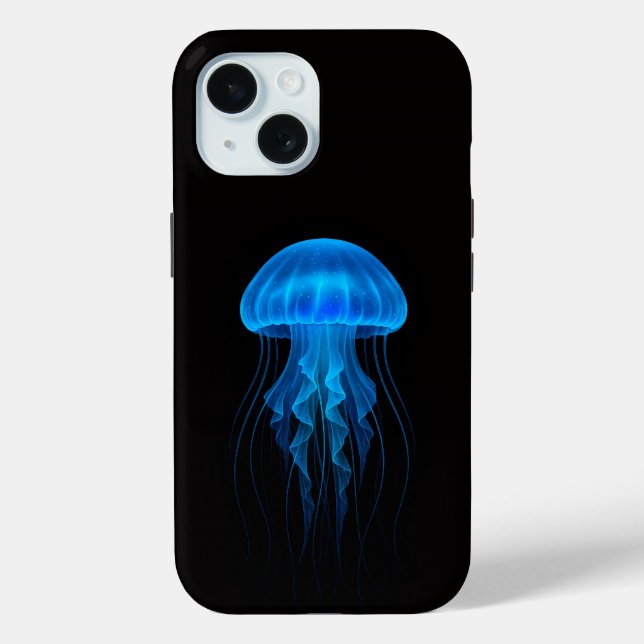 Coques Case-Mate iPhone Black 4 Luxe iPhone 15 Mate, Méduse Bleue Néon (Verso)