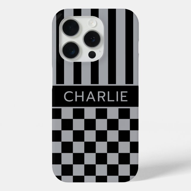 Coques Case-Mate iPhone Black and Gray Checkered Striped Personalized (Verso)