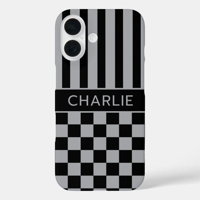 Coques Case-Mate iPhone Black and Gray Checkered Striped Personalized (Verso)