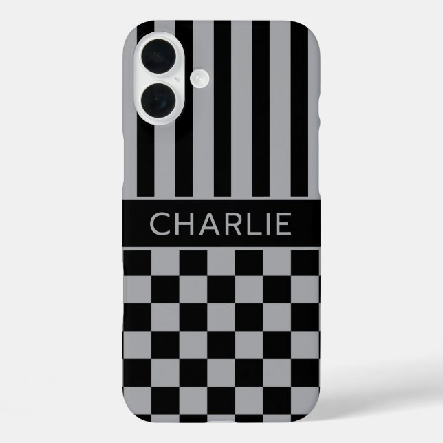 Coques Case-Mate iPhone Black and Gray Checkered Striped Personalized (Verso)