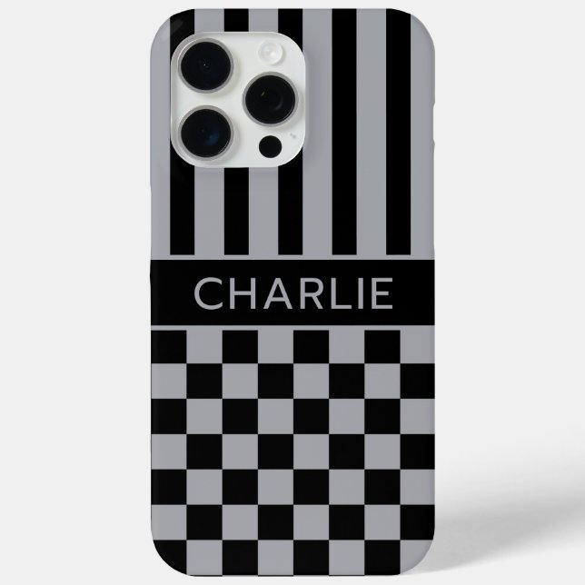 Coques Case-Mate iPhone Black and Gray Checkered Striped Personalized (Verso)