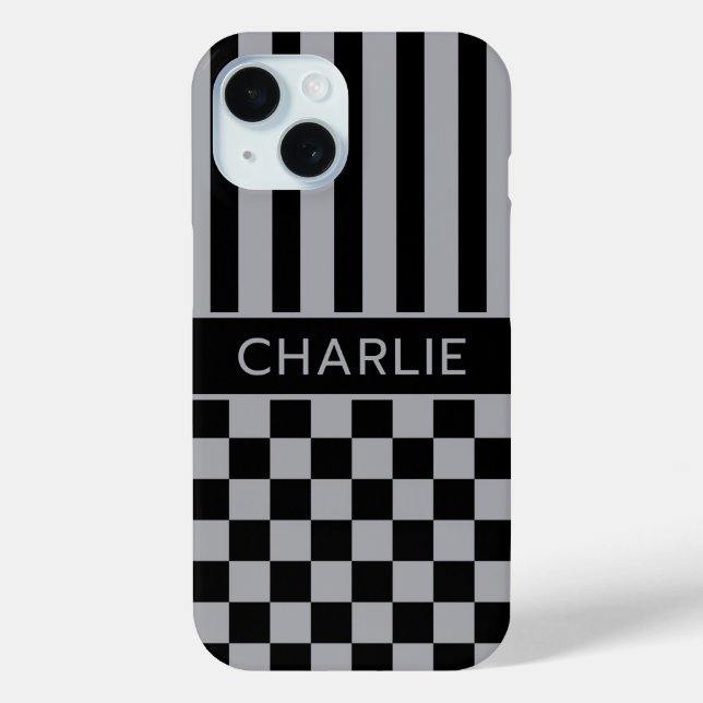 Coques Case-Mate iPhone Black and Gray Checkered Striped Personalized (Verso)