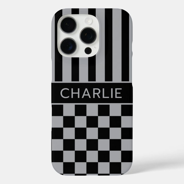 Coques Case-Mate iPhone Black and Gray Checkered Striped Personalized (Verso)