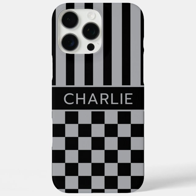 Coques Case-Mate iPhone Black and Gray Checkered Striped Personalized (Verso)