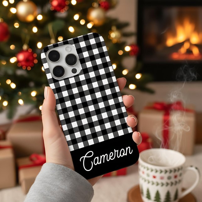 Coques Case-Mate iPhone Black and White Buffalo Plaid Custom Name (Créateur téléchargé)