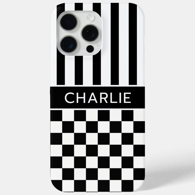 Coques Case-Mate iPhone Black and White Checkered Striped Personalized (Verso)