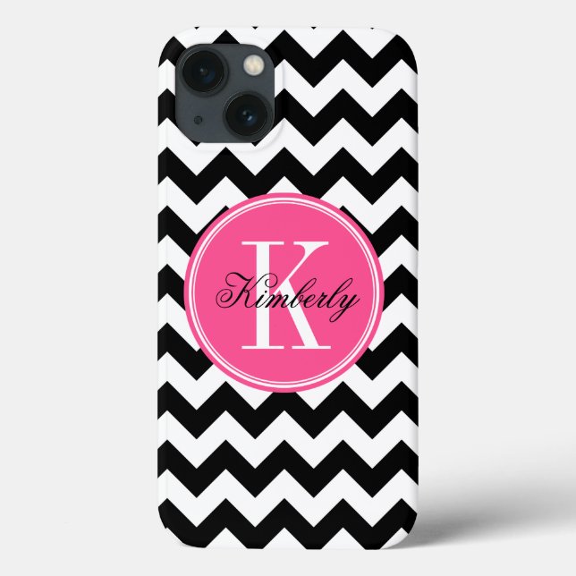 Coques Case-Mate iPhone Black and White Chevron with Pink Monogram (Verso)