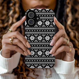 Coque Pour iPhone 16 Black and White Fair Isle Sweat de Noël Imprimer