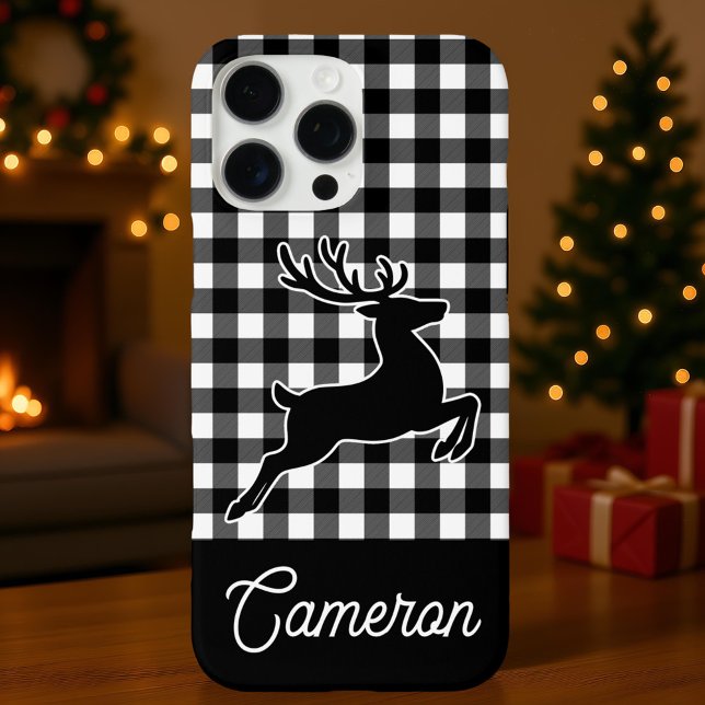 Coques Case-Mate iPhone Black and White Plaid with Reindeer Custom Name (Créateur téléchargé)