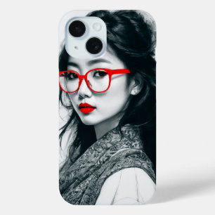 Coque Case-Mate iPhone Black Blanc Asiatique Portrait Lèvres Rouges Et Ve
