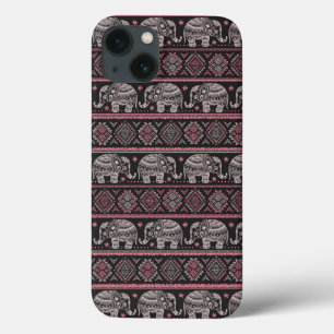 iPhone 13 Case Black Ethnic Elephant Pattern
