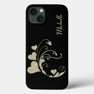 iPhone 13 Case Black Gold Heart Parties scintillant Faux
