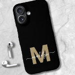 Coque Pour iPhone 16 Black Gold Modern Feminine Script Name Monogram<br><div class="desc">Personalized Gold and Black Script Initial Monogram Phone Case. Add a touch of luxury and elegance to your phone with this personalized phone case. Featuring a sleek black background, a bold gold initial (note: the gold is a flat color with no shimmer), and a flowing white script name, this design...</div>