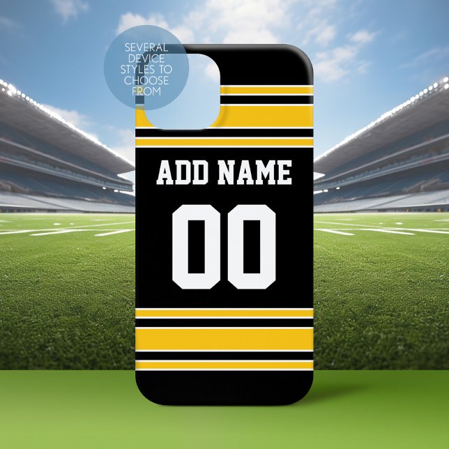 Coques Case-Mate iPhone Black Gold Team Jersey Nom et numéro personnalisés (Personalized Phone Case with a Football Jersey Stripe Design)
