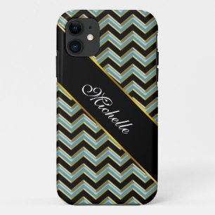 Coque iPhone 11 Black Gold Turquoise ZigZag