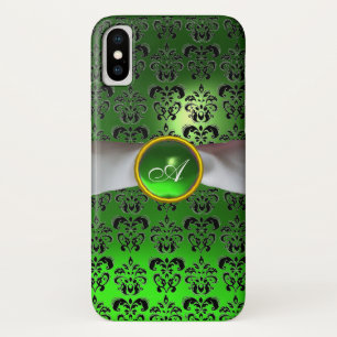 Coque Case-Mate iPhone BLACK GREEN DAMASK GEM ONOGRAM ruban blanc