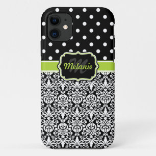 Coque Case-Mate Pour iPhone Black Green Monogramme Damask Pois Motif