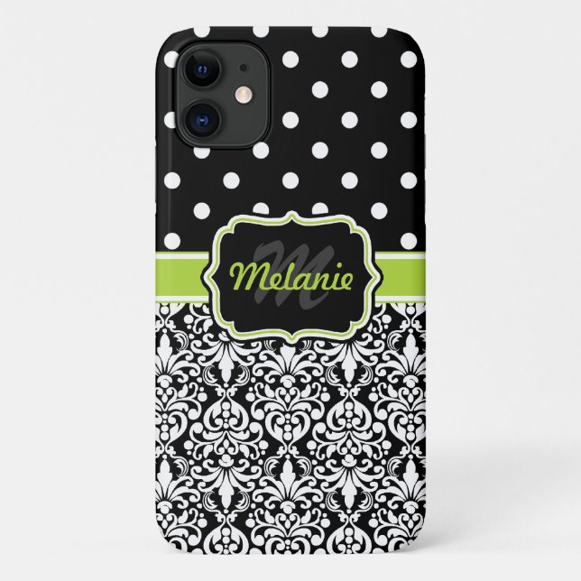 Coques Case-Mate iPhone Black Green Monogramme Damask Pois Motif (Dos)