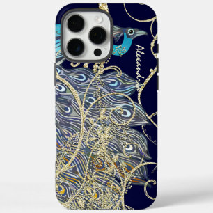 Coque iPhone 16 Pro Max Black Peacock Swirl de la Marine d'or
