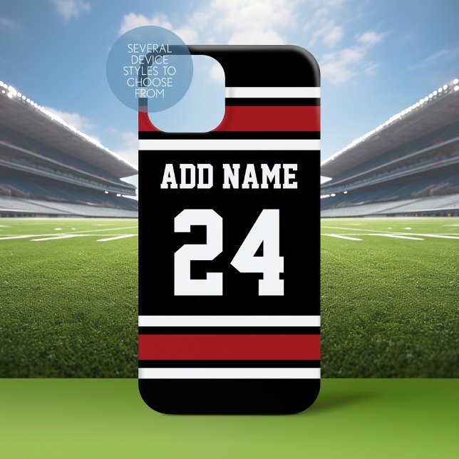 Coques Case-Mate iPhone Black Red Sports Jersey Nom personnalisé Numéro (Personalized Phone Case with a Football Jersey Stripe Design)