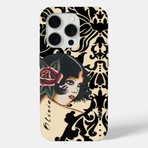 Coque iPhone 15 Pro Black Vector Damask Vintage Girly Girly Girl