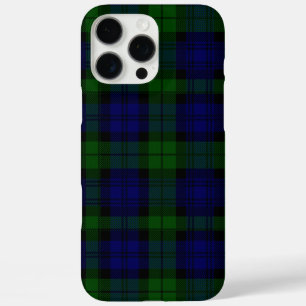 Coque iPhone 16 Pro Max Black Watch Tartan bleu vert Plaid