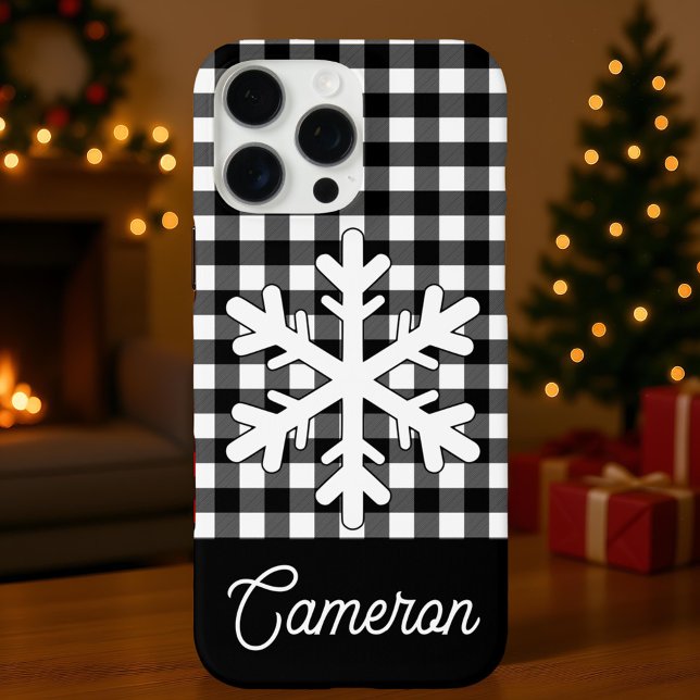 Coques Case-Mate iPhone Black & White Plaid with Snowflake Custom Name (Créateur téléchargé)