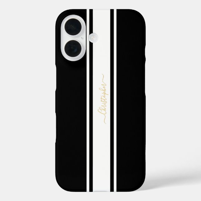 Coques Case-Mate iPhone Black White Racing Stripes Or Monogrammed Chic (Verso)