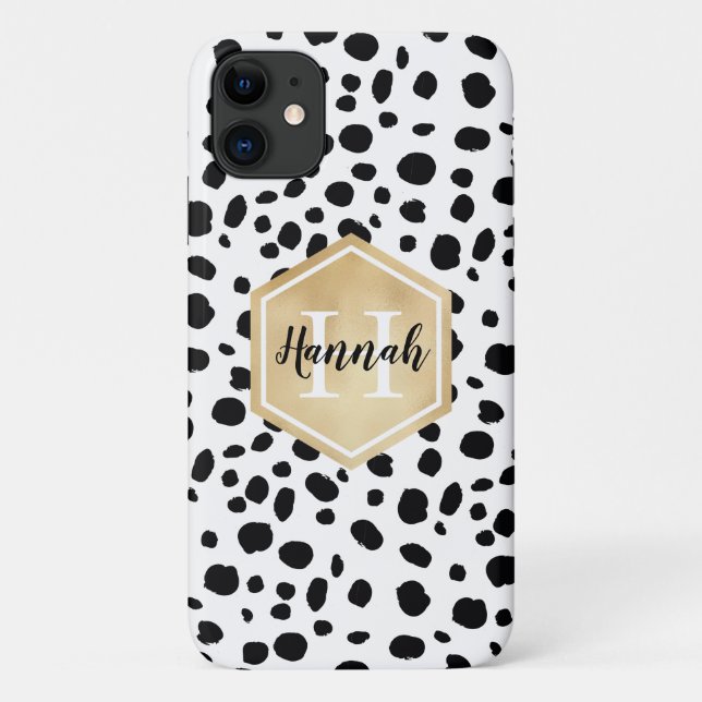 Coques Case-Mate iPhone Black White Spots Motif Gold Monogramme (Dos)