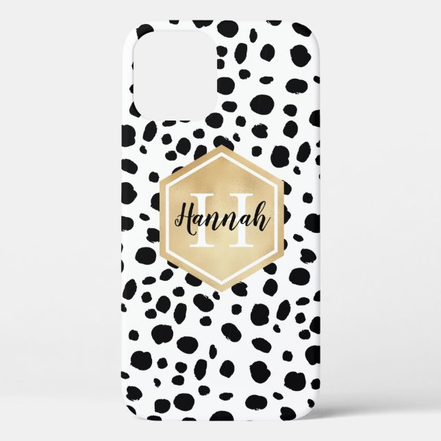 Coques Case-Mate iPhone Black White Spots Motif Gold Monogramme (Verso)