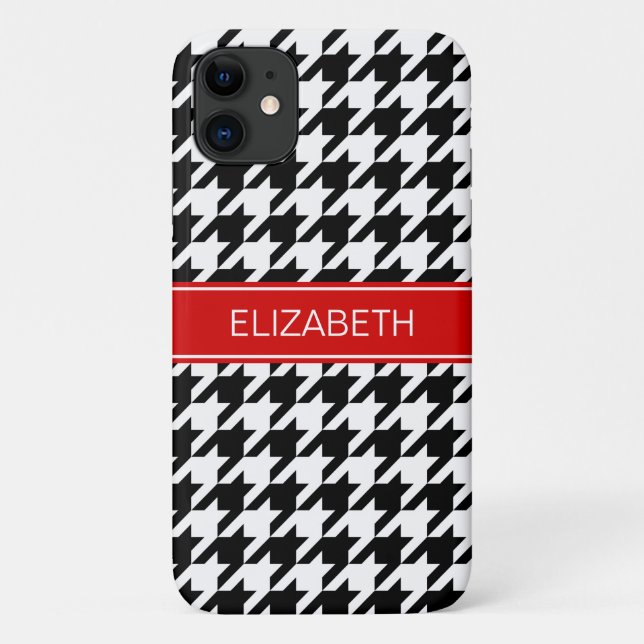 Coques Case-Mate iPhone Black Wht Houndstooth #2 Nom rouge Monogramme (Dos)