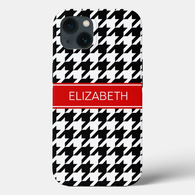 Coques Case-Mate iPhone Black Wht Houndstooth #2 Nom rouge Monogramme (Verso)