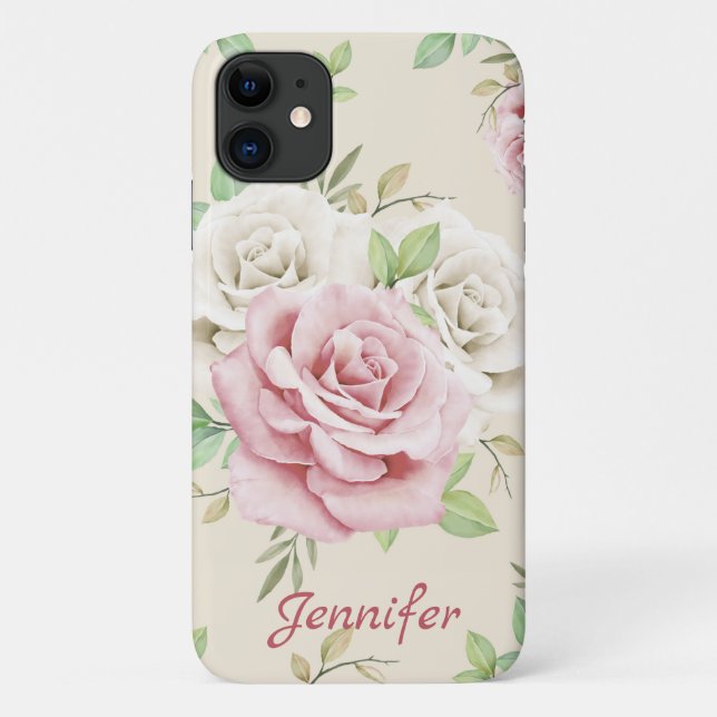 Coques Case-Mate iPhone Blanc Chic Roses Roses Vertes Feuilles Floral (Dos)