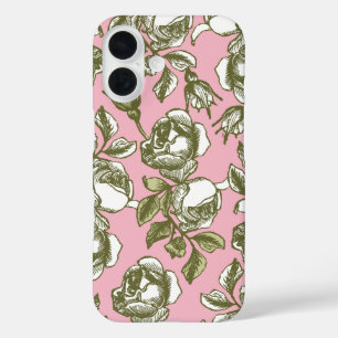 Coque Pour iPhone 16 Blanc et or Roses Vintages se cramponnant sur rose