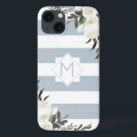 Case-Mate iPhone Case Blanc Floral Dusty Bleu rayé Monogramme encadré<br><div class="desc">Blanc Floral Dusty Bleu rayé Cadre Monogramme Design. Branché et élégant, ajoutez simplement votre lettre initiale personnalisée. Fait un cadeau moderne et classe pour elle, mamans, grand-mères, tantes, petites amies, et plus encore. Ce look féminin Elégant et girly associe des rayures horizontales bleu Dusty et blanches, avec des roses blanches...</div>