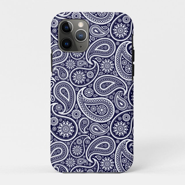 Coques Case-Mate iPhone Blanc sur bleu marine Rétro Motif Paisley (Dos)