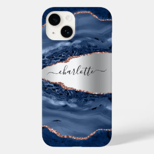 Coque Case-Mate iPhone Bleu agate marbre rose or argent nom script