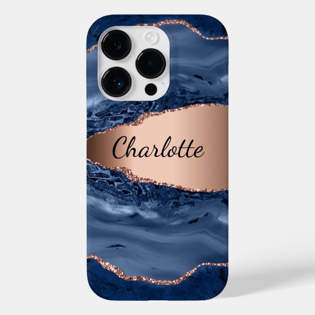 Coques Case-Mate iPhone Bleu agate marbre rose or nom script (Verso)