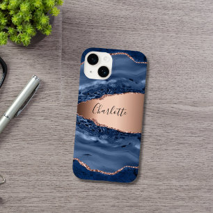 Coque Case-Mate iPhone Bleu agate marbre rose or nom script